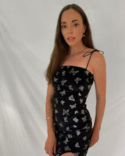 Load image into Gallery viewer, BLACK BUTTERFLY PRINT TIE STRAP SHIFT DRESS