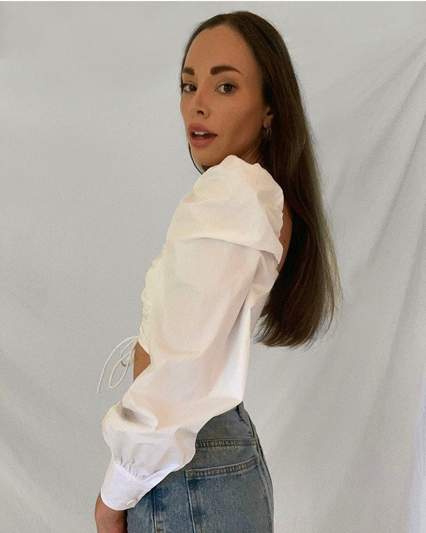 WHITE WOVEN LACE UP CROP TOP