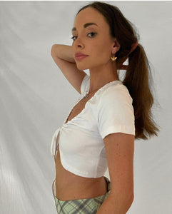 WHITE RIBBED TIE FRONT SHORT SLEEVE CROP TOP